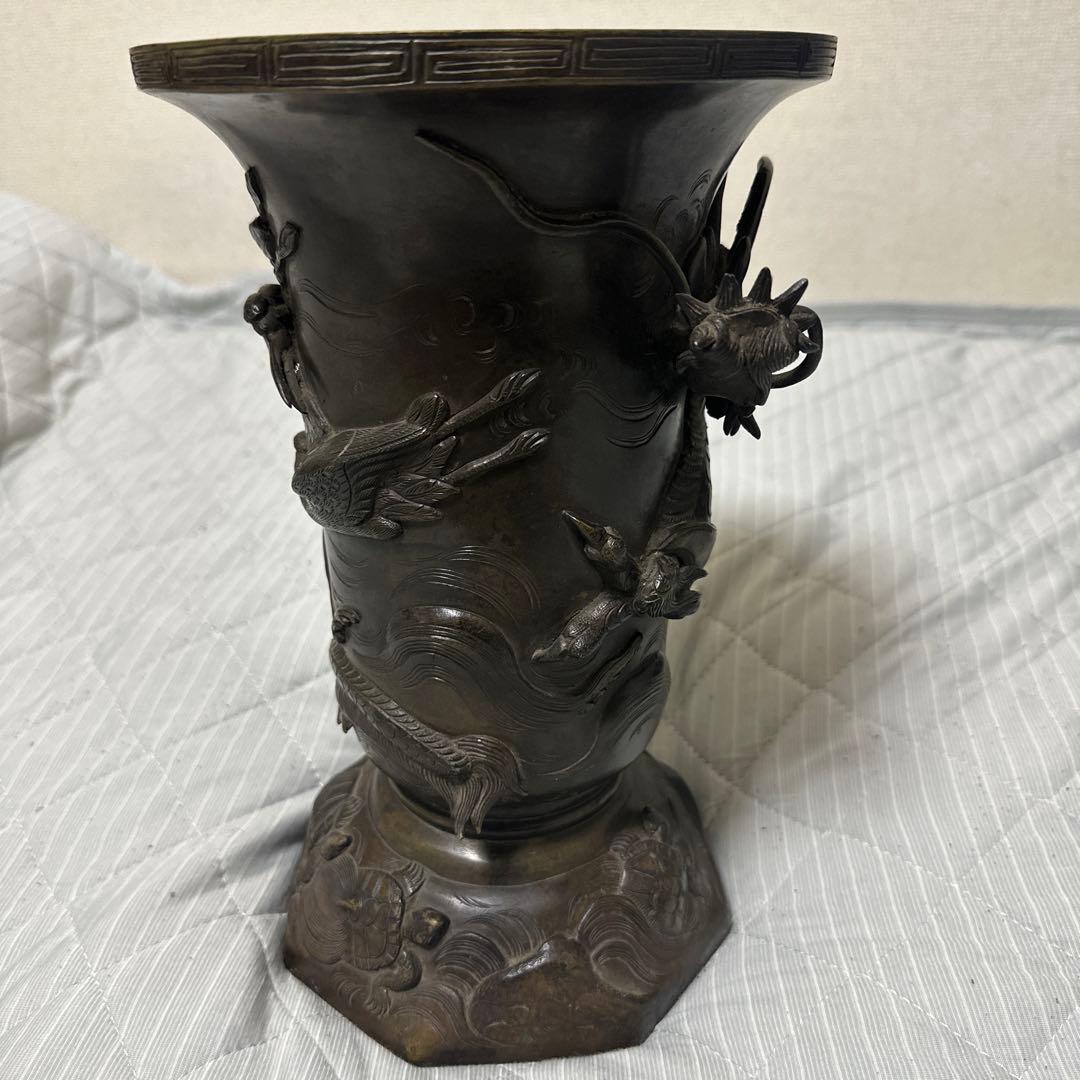 時代物 中国 日本 銅器 龍の置物 鶴亀 薄端 花器 金属工芸 花瓶 龍花瓶