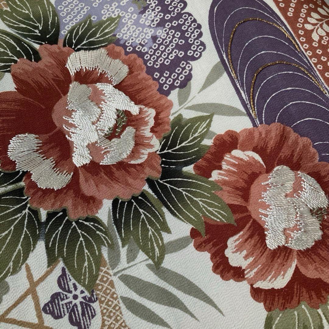 アンティーク京袋帯　しつけ糸付　アイボリー 牡丹・金駒刺繍　正絹　N1-25