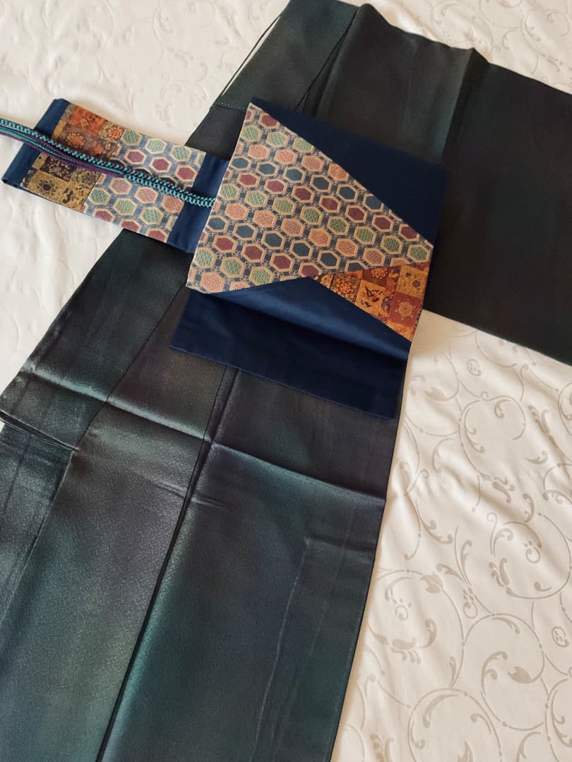 ぼかし染め　無地　着物　切り嵌め 名物裂　名古屋帯　帯締め　フルセット　正絹