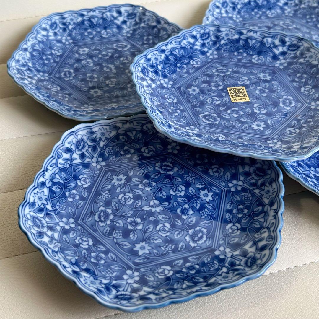 三洋陶器　龍峰窯　染付更紗　六角皿　銘々皿揃　5枚セット　中皿　和皿　花柄　輪花