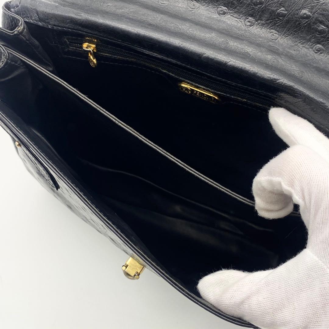 FENDI 2way ショルダーバッグ　FF型押し　オーストリッチ　レザー　黒