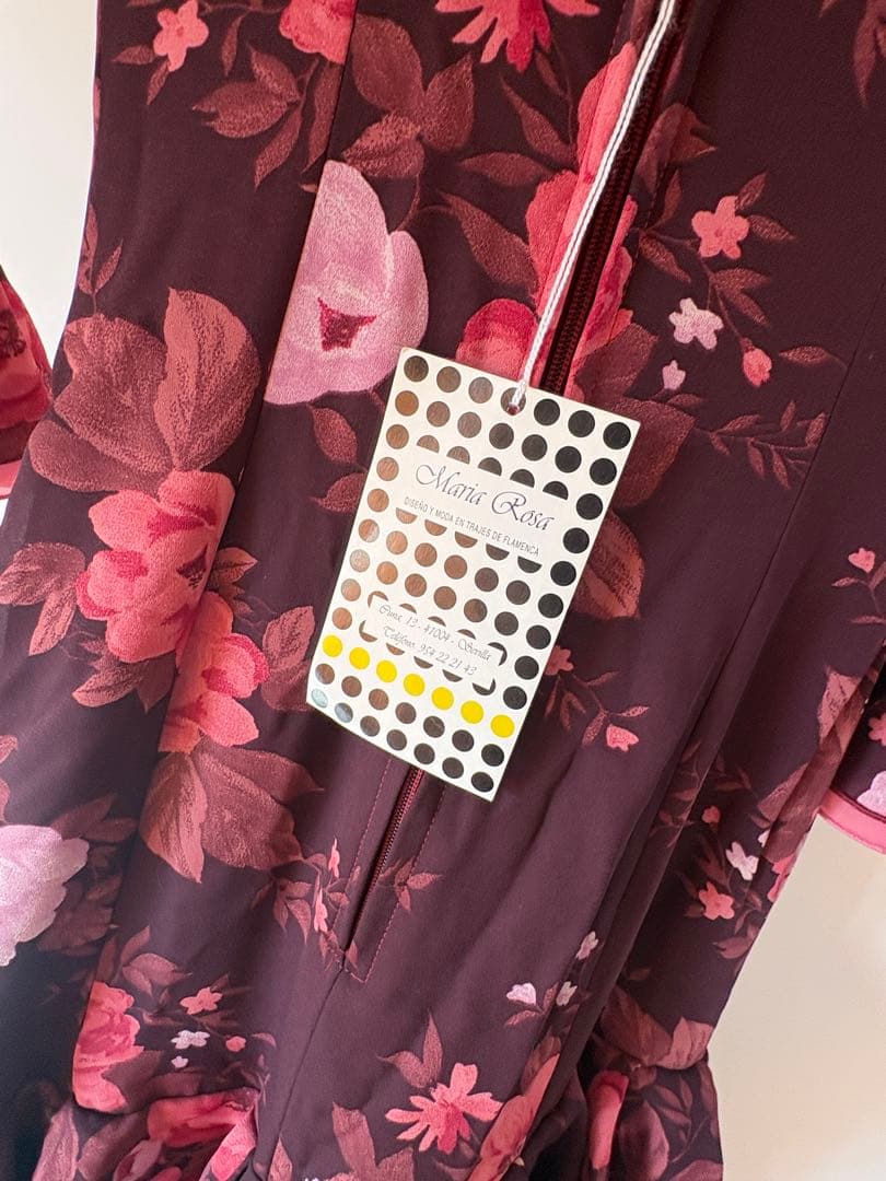 フラメンコ衣装　ドレス　ダーク紅色 ピンク花柄