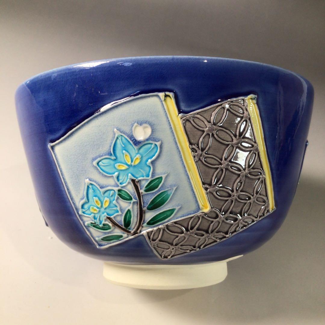 Ｓ８８　茶碗　『谷口翠雲造』『紺青交趾』『草花文』　抹茶碗　共箱　茶道具