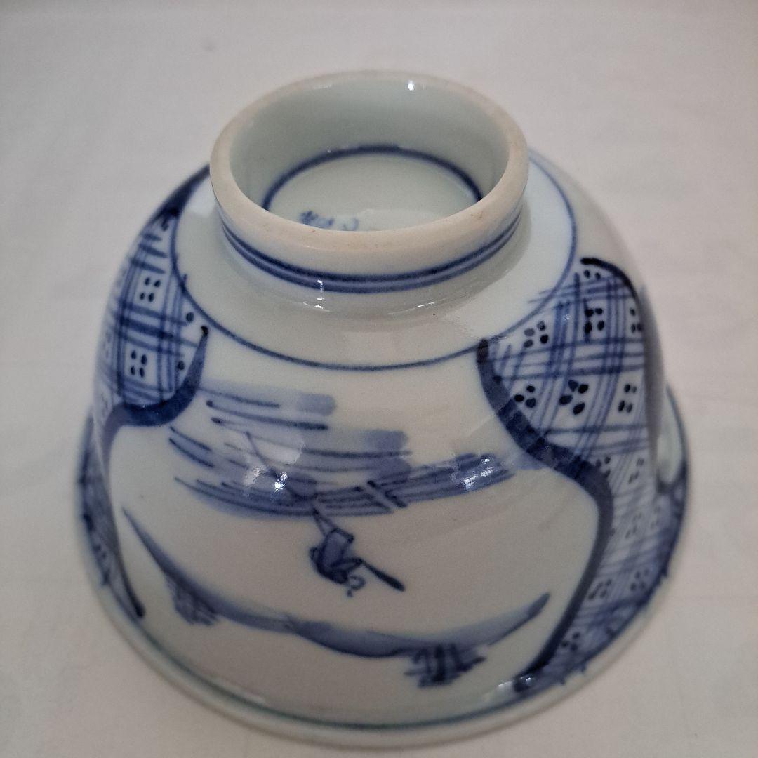 江戸中期　盛化年　薄焼　反縁　白磁椀　染付青磁　縦三割文　古伊万里染付