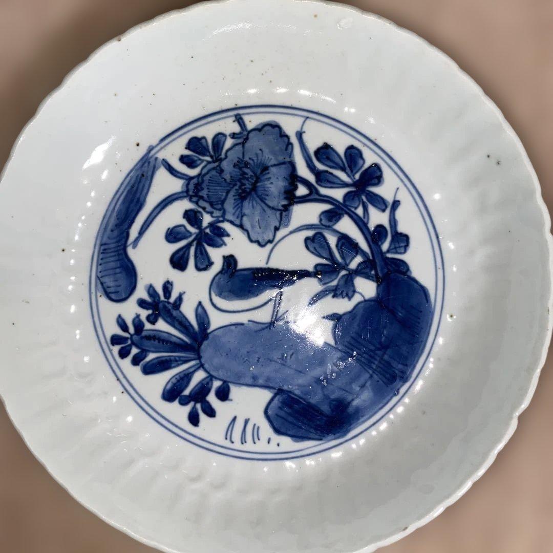 古染付　鳥草花文　7寸皿　明末清初期