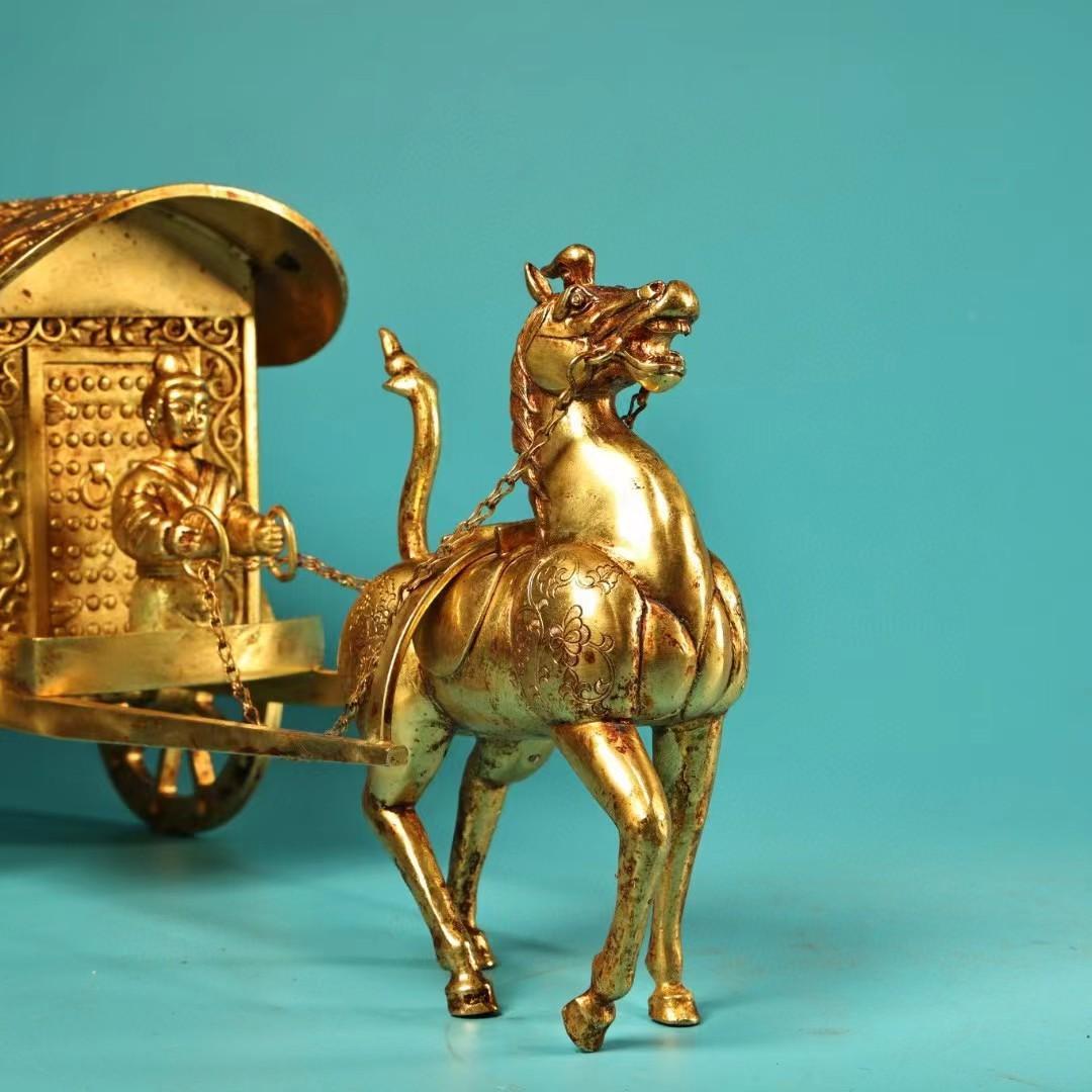 中国古美術・旧蔵鏨刻鎏金の馬車・純銅製・高浮彫り・置物・文房具・風水開運・純手作