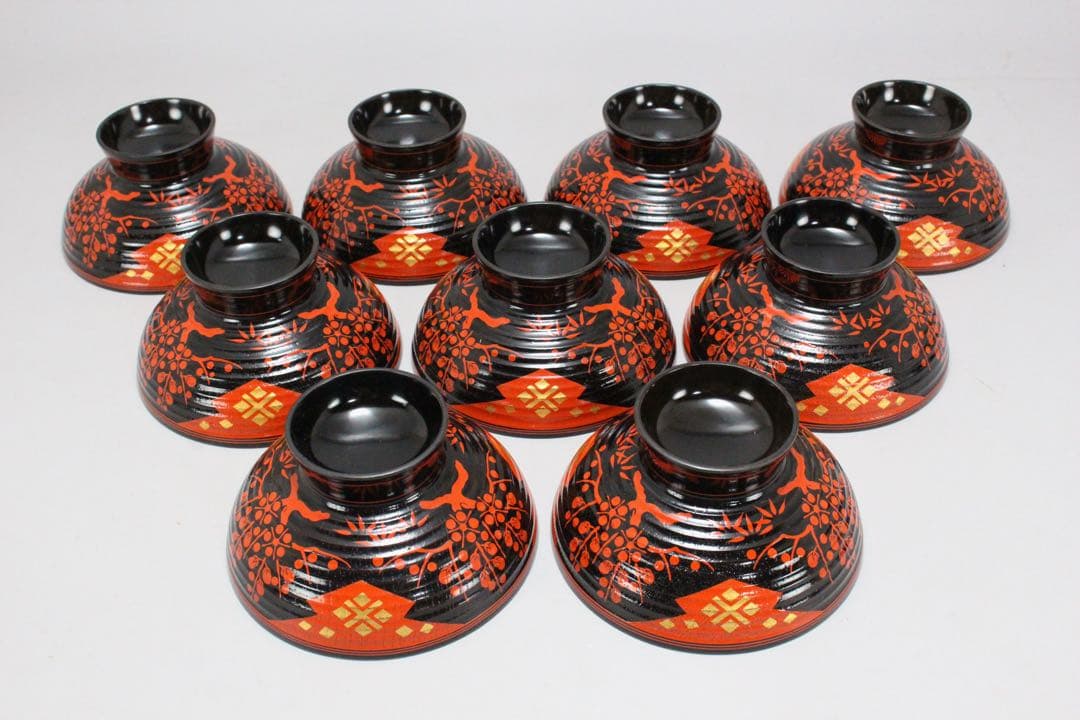 No4797秀衡塗　梅樹文蓋付椀　9客 木箱付　漆器　岩手　伝統工芸　送料無料