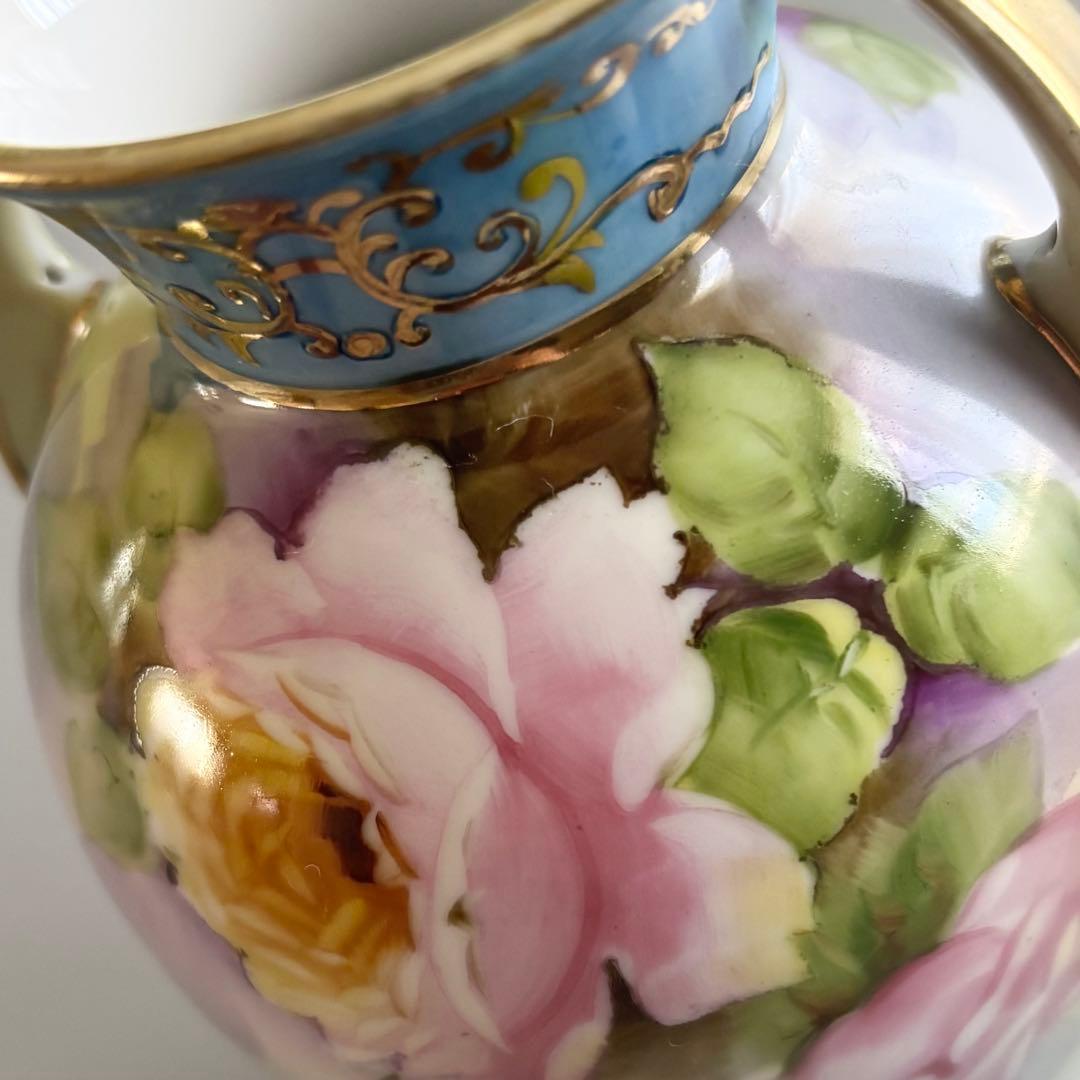 アンティーク　オールドノリタケ　総手描き　薔薇文　金彩ハンドル　花瓶　【稀少品】