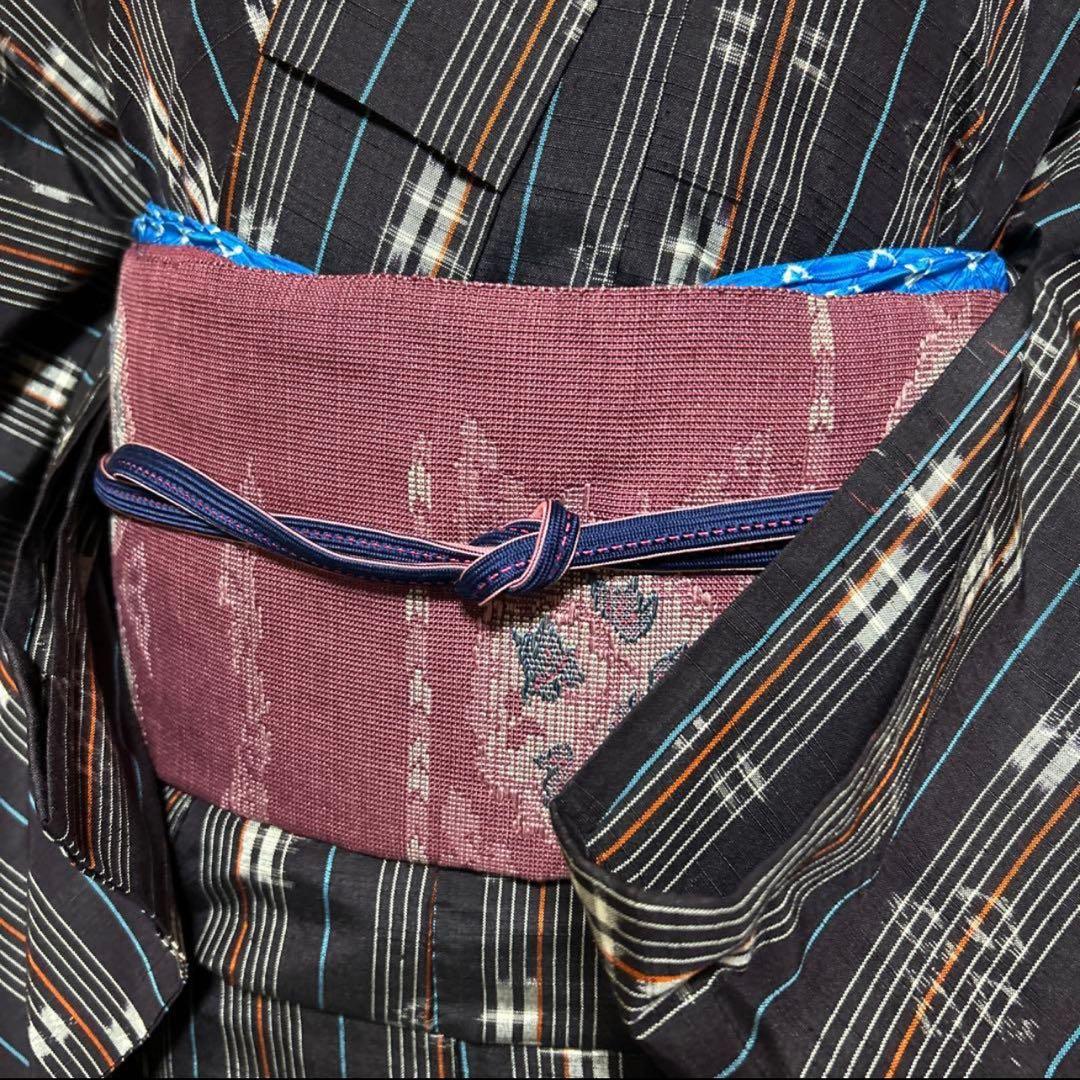 未使用近い　美品　単衣　正絹　紬　小紋　琉球絣柄　十日町紬系　フルセット　4点