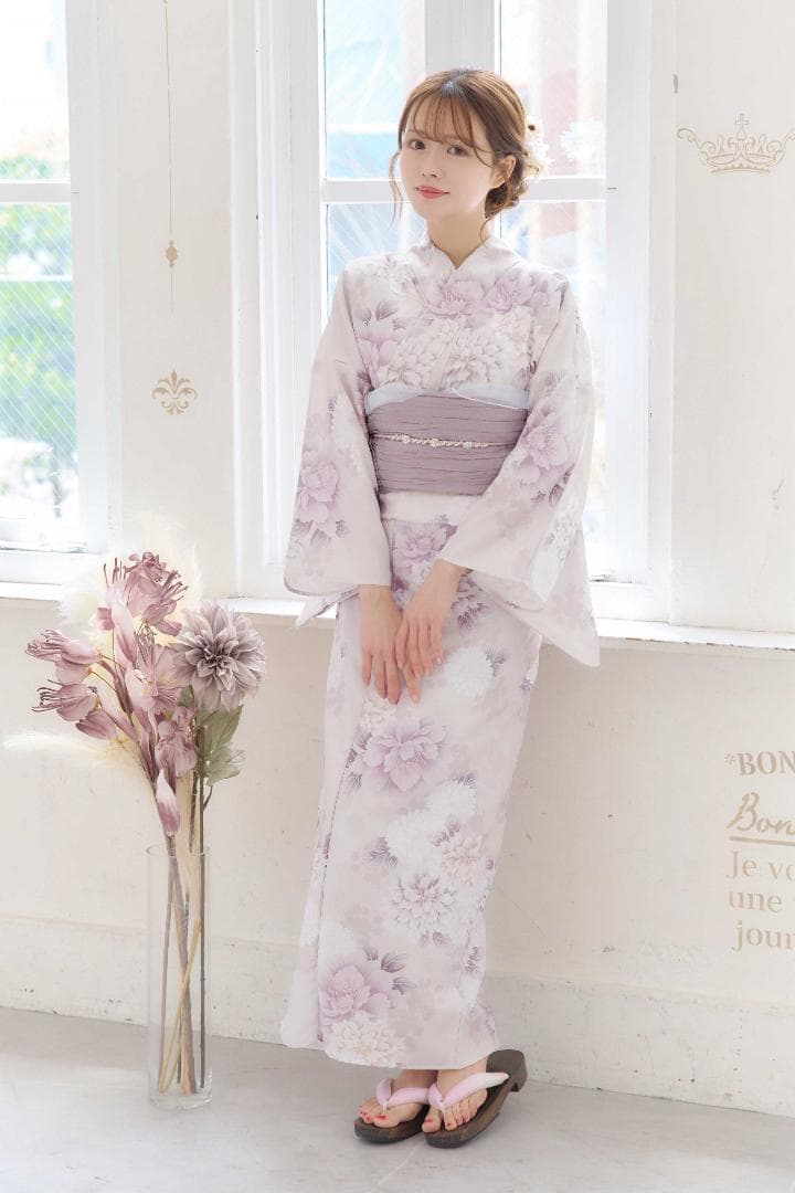 薄紫色花柄浴衣・帯セット＋オーガンジー白兵児帯