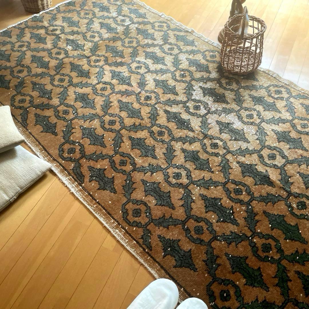 レア大判112×243 ボタニカル　ブラウン×グリーン　トルコヴィンテージラグ