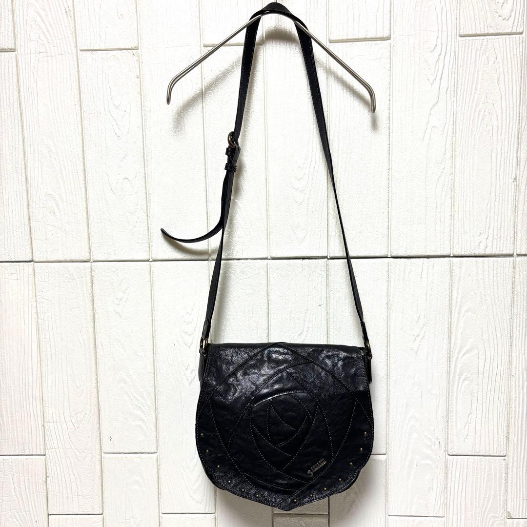 美品 ANASUI アナスイ ショルダーバッグ ローズウッド 本革 花柄 黒