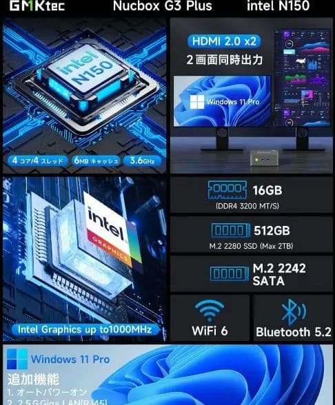 GMKtec N150 G3 Plus ミニPC 16GB 512GB SSD