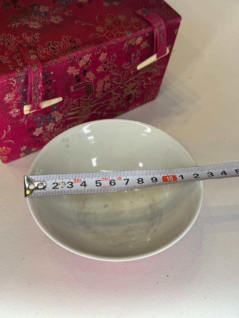 玫紅釉 粉釉 花卉文 碗　荷花・向日葵・牡丹文　中国古美術　時代物　錦箱付