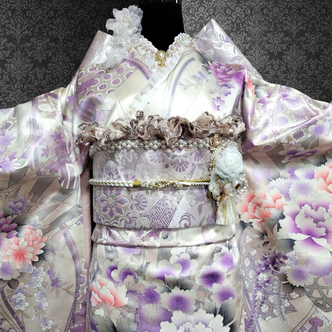 振袖フルセット(12点)・成人式・くすみ・豪華刺繍・銀彩加工・大輪牡丹・正絹
