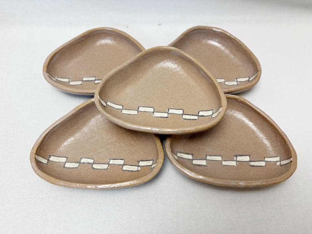 未使用 茶道具 赤織部 貝型小皿 銘々皿 陶印 5枚組 取り皿 在銘 共箱