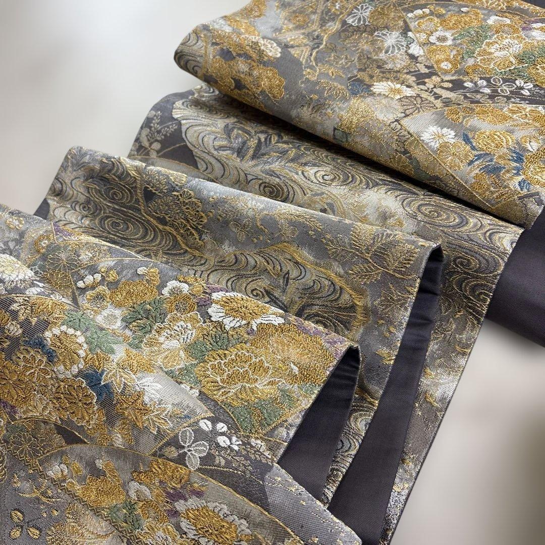 袋帯 六通 扇 松 菊 紅葉 牡丹 流水 唐織 刺繍