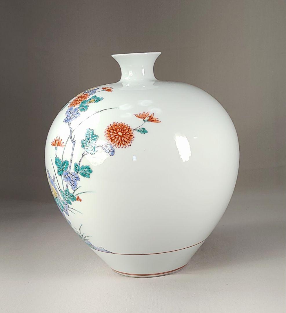 希少 重要無形文化財 中村清六作 有田焼 高麗庵清六窯 白磁錦絵 花鳥紋花瓶