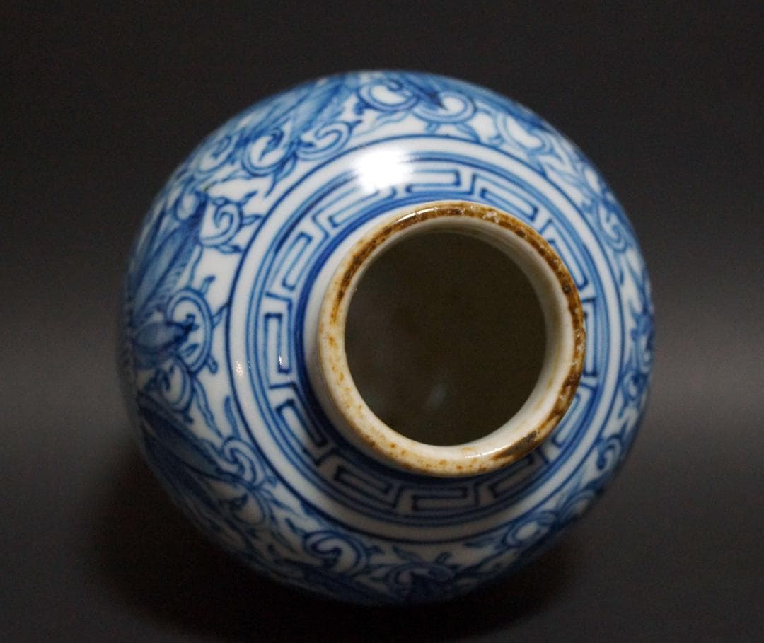 清時代 花唐草紋青花壺 染付飾壺 葉形款 花器 骨董品★時代物★