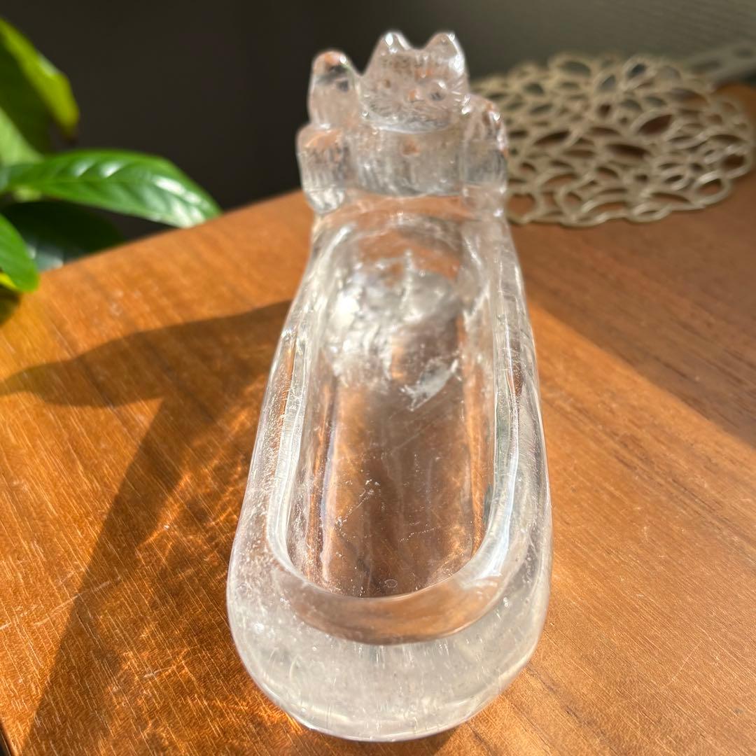 天然石 ブラジル産水晶 招き猫の小物入れ