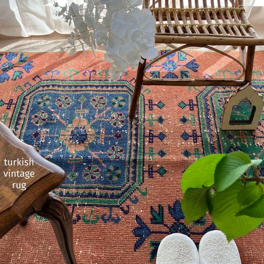 レア✳︎３m60 魔除デザイン84×360オレンジランナー　トルコヴィンテージラグ