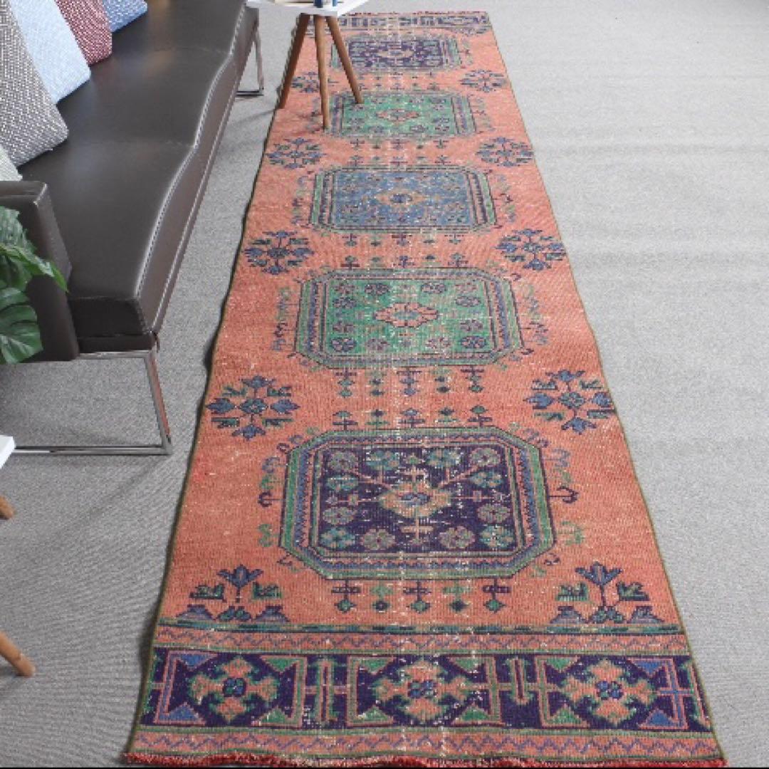 レア✳︎３m60 魔除デザイン84×360オレンジランナー　トルコヴィンテージラグ