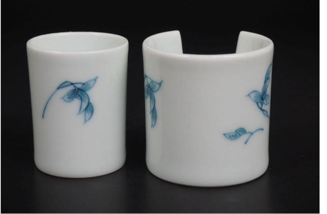送料無料　『角萬』銘　手描き青華煎茶器11点セット　茶道具