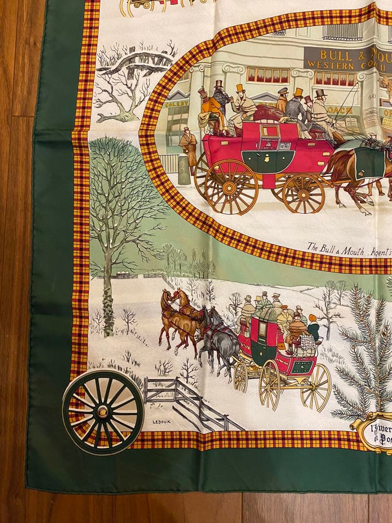エルメス HERMES 馬車風景のハンカチ 緑 約88cm x 88cm