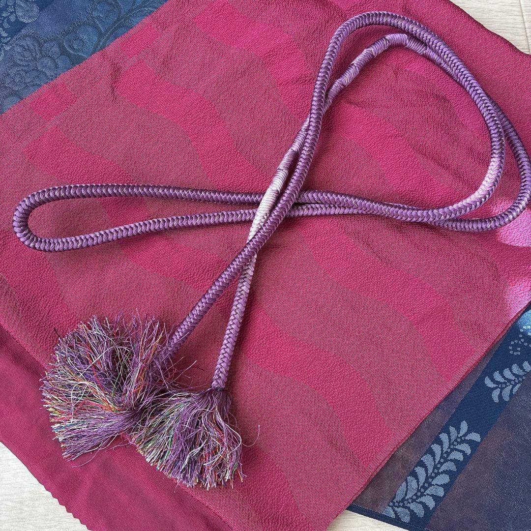 色無地　フルセット　着物　正絹　一つ紋　辻ヶ花の帯　赤紫　N5