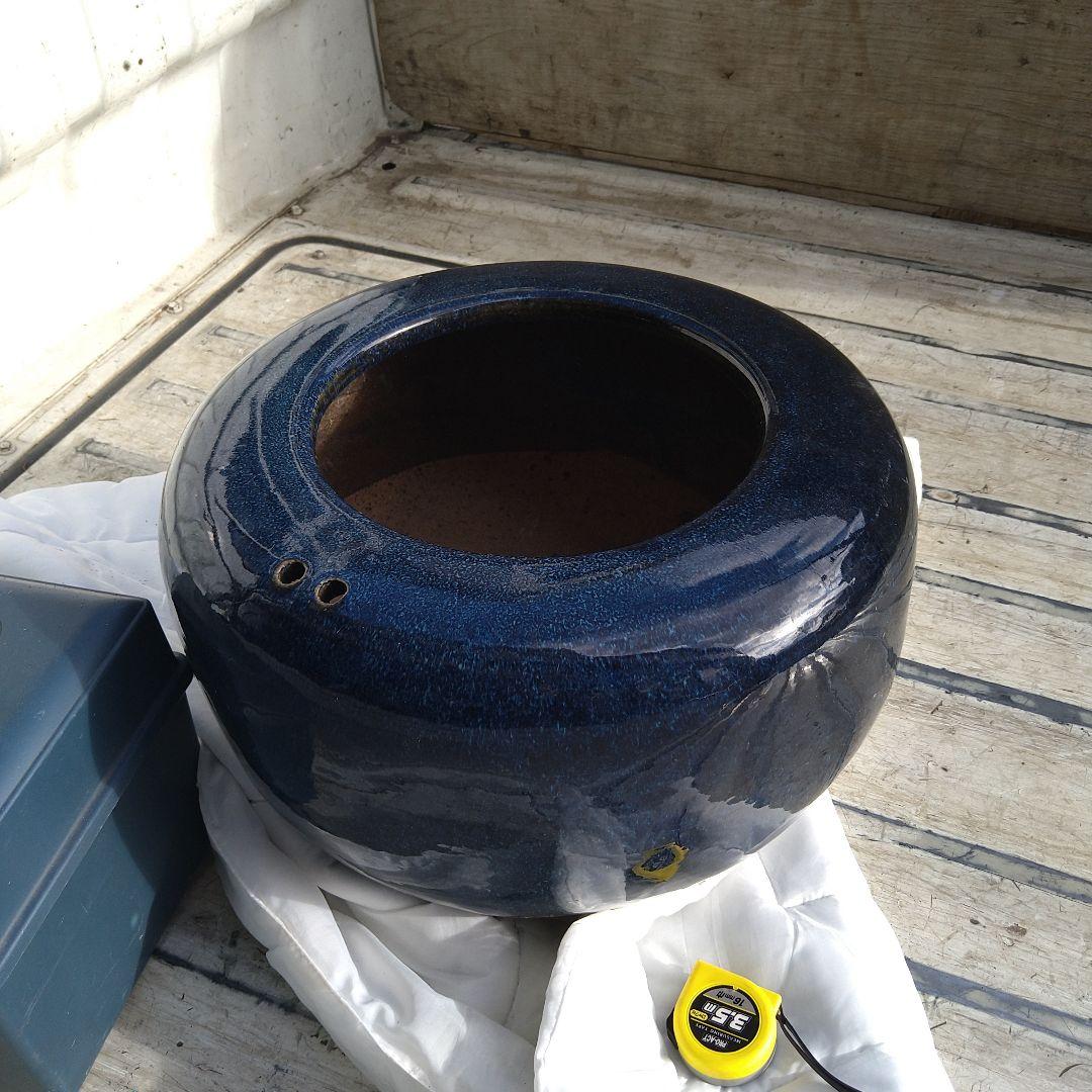 海鼠釉 火鉢 濃紺 陶器製 水鉢 直径約36cm
