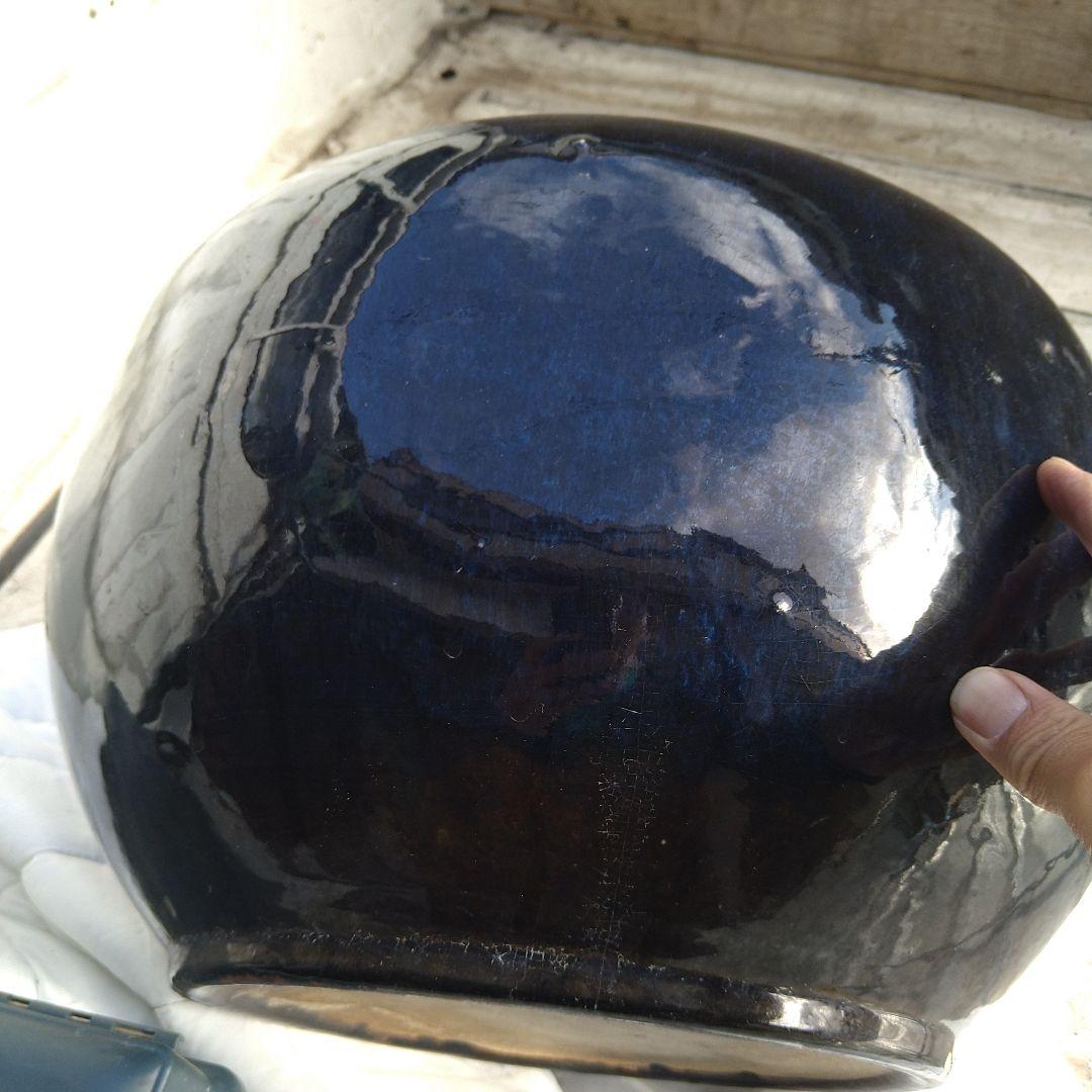 海鼠釉 火鉢 濃紺 陶器製 水鉢 直径約36cm