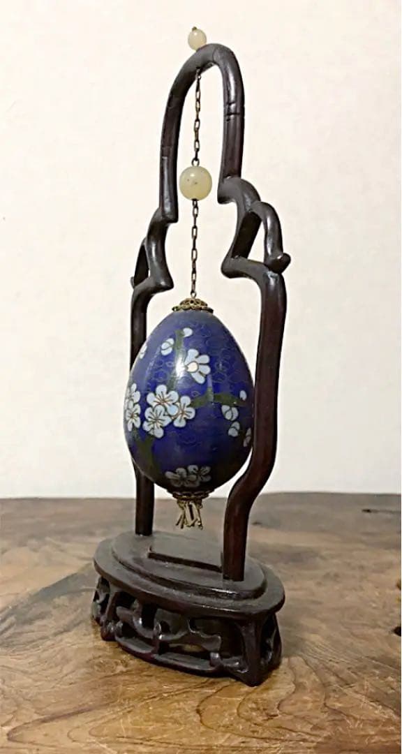 中国美術 花梅雲紋 吊り 古七宝 エッグ 唐木台 装飾