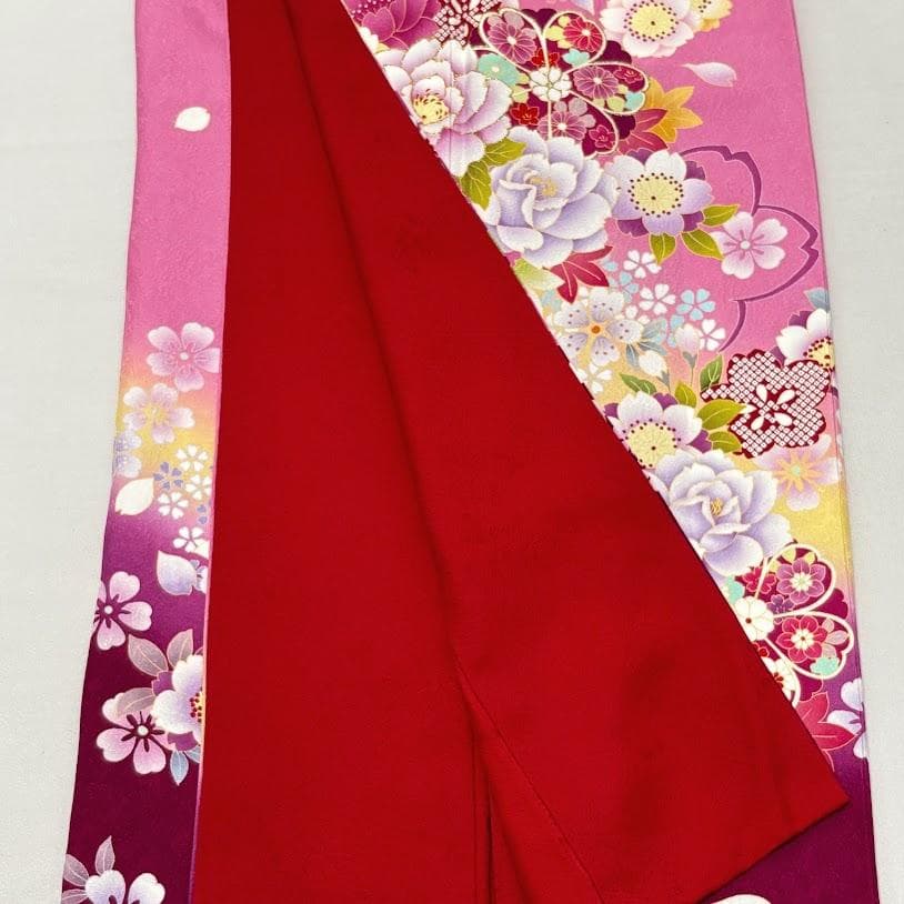 ゆりのはな　本振袖　京友禅ボカシ染め　花柄　ピンク/赤紫色系　正絹　J205