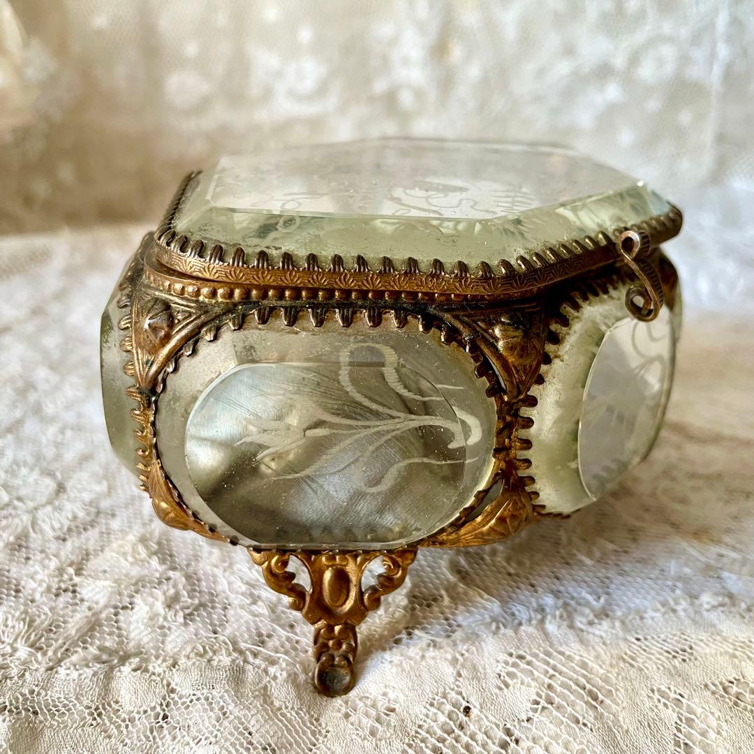 6角形ベベルガラスジュエリーボックス　アクセサリーケース　フランスアンティーク