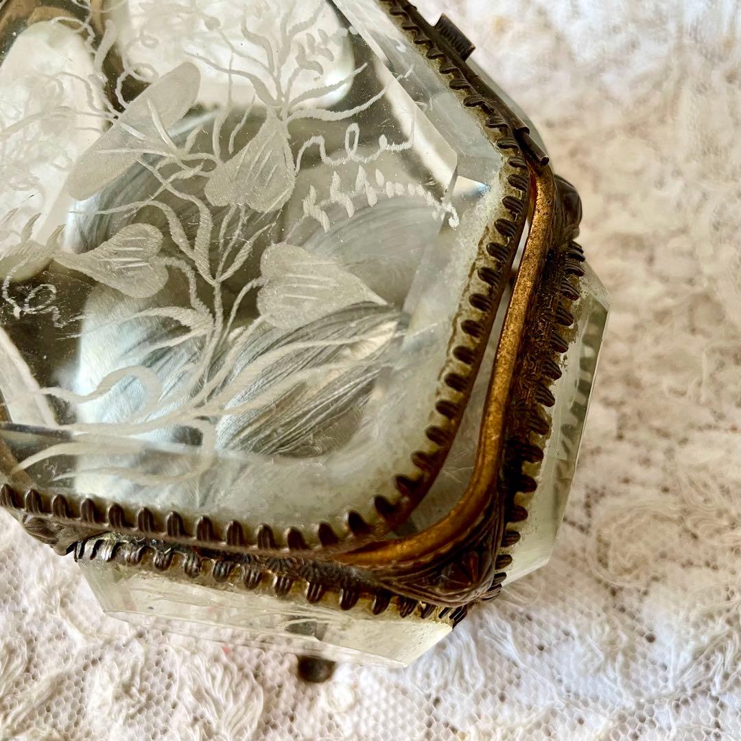 6角形ベベルガラスジュエリーボックス　アクセサリーケース　フランスアンティーク