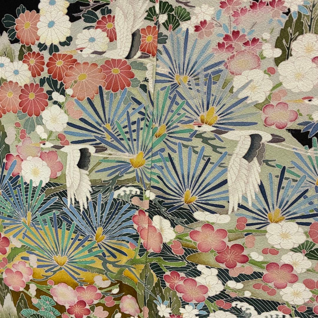 D128 黒留袖 友禅 落款入 鶴 花模様 正絹 着物 袷 極美品