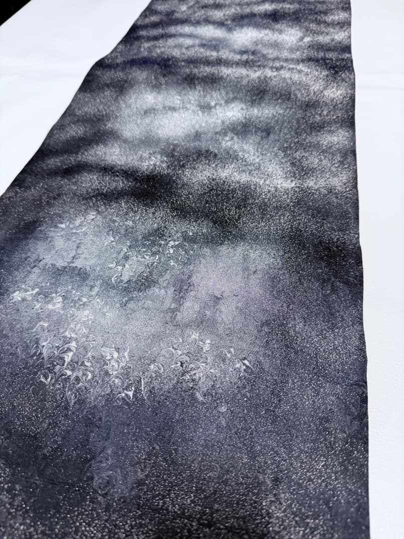 高級 袋帯 正絹 六通柄 墨流し 落款入り ブルー ブラック フォーマル 訪問着