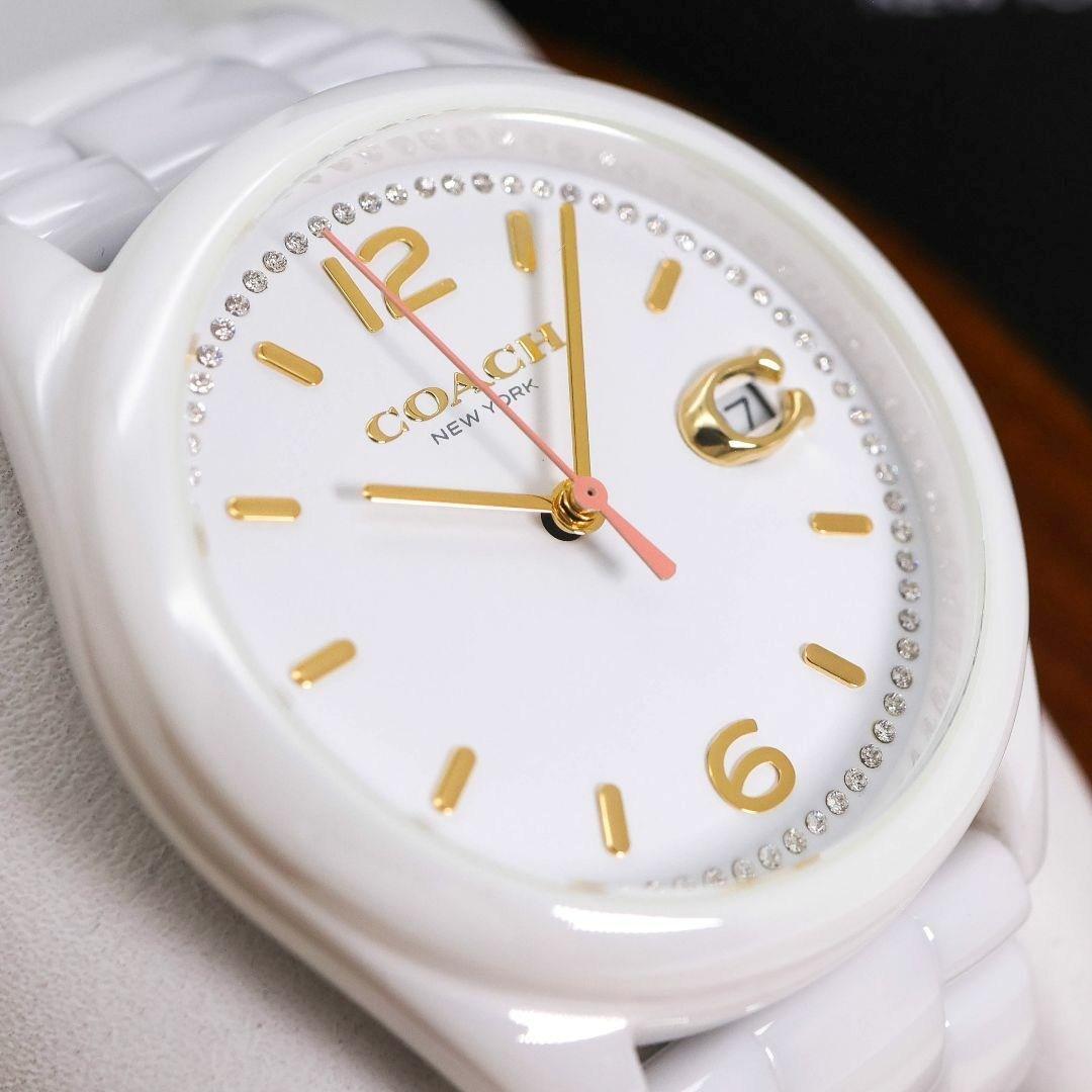 稼働 COACH 腕時計 ホワイト セラミック デイト ストーン 2158