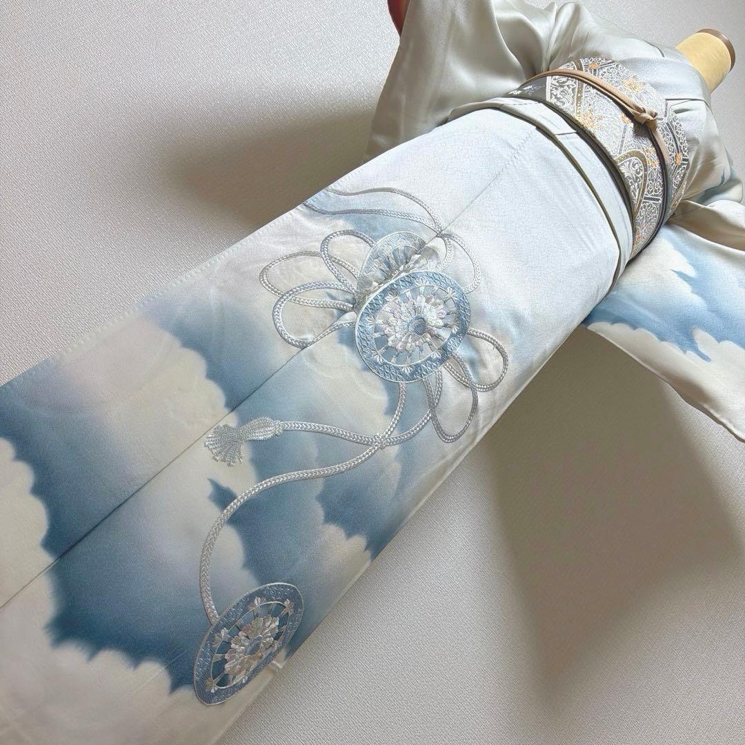 10 訪問着フルセット 正絹 淡い水色 ブルー 総刺繍 暈し染め 上品 シンプル