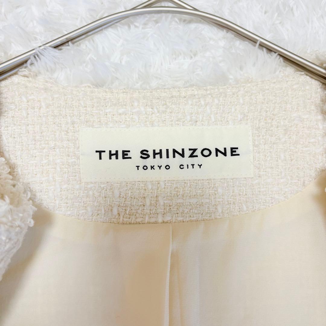 シンゾーン　ツイード　ジャケット　ノーカラー　ホワイト　シルク　入学式