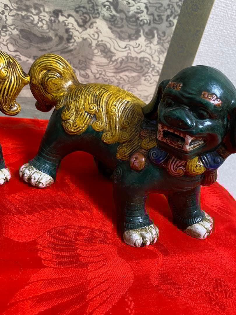 清朝　時代　獅子像 セット 多色 陶器製