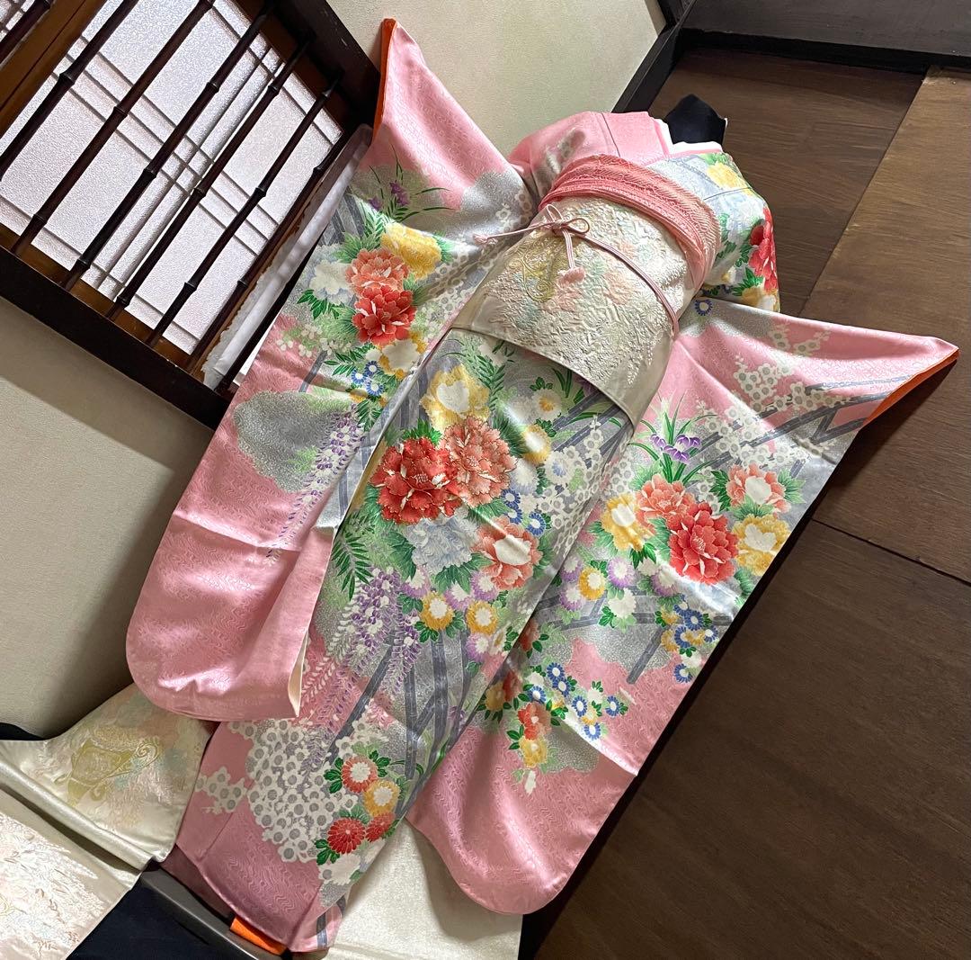 振袖フルセット6点サイズM〜Ｌ駒刺繍　渡り橋藤花房文　金彩　正絹