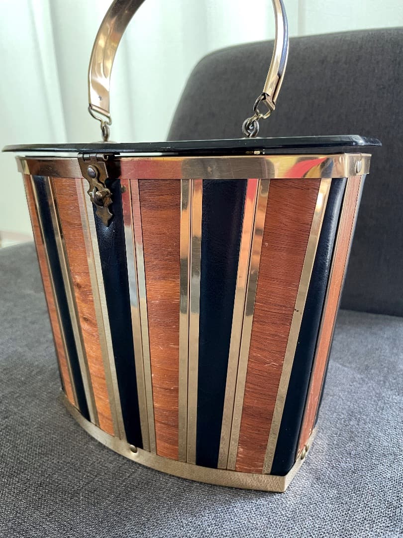 レア ヴィンテージ ストライプデザイン 木製 & レザー バスケット 1950s