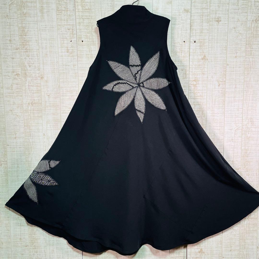 ブラックアンジェラ＊立ち襟ロングテントライン花びらパッチワンピースＬ