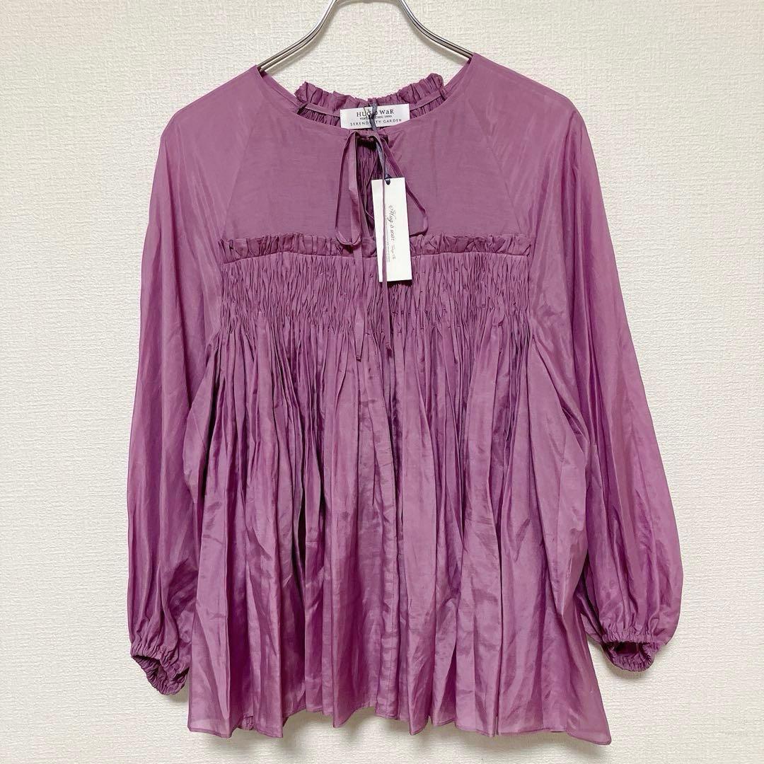 【新品】ハグオーワー　コットンシルクスモッキングリボンブラウス　ピンクラベンダー