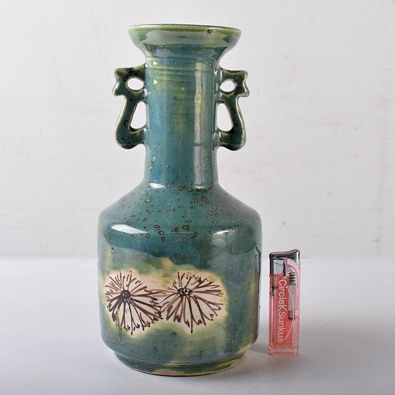 北大路魯山人作　織部焼　花文　耳付花瓶　黒田陶々庵極箱　M　R8680B