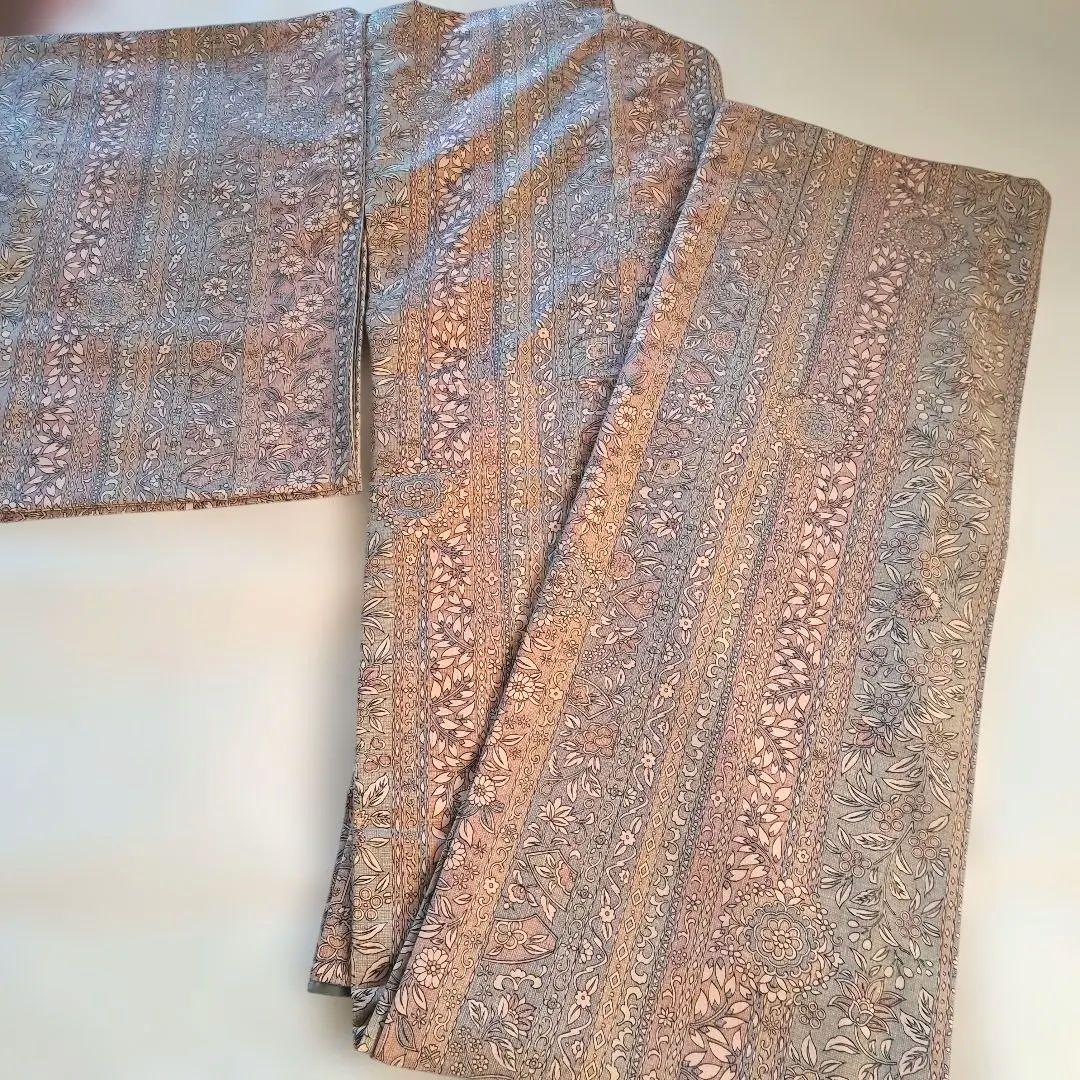 【証紙つき】更紗柄 結城紬 袷 着物 ピンクベージュ