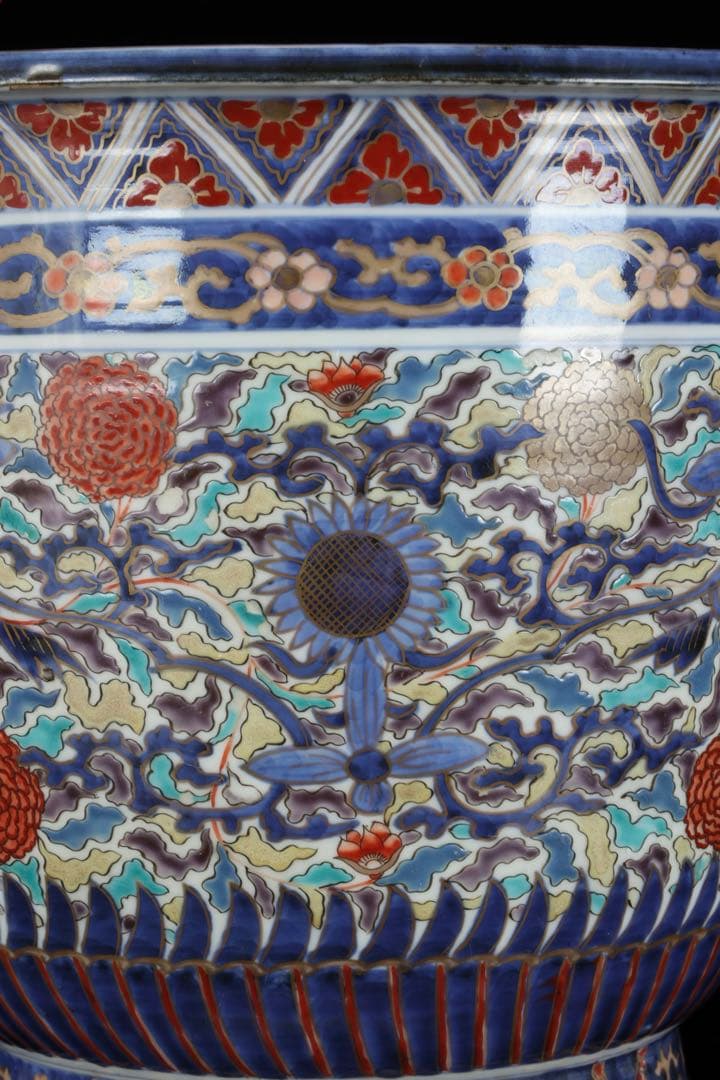 【古伊万里】色絵金彩大鉢 菊牡丹文様 植木鉢 蘭鉢 盆栽鉢 火鉢 骨董 古美術