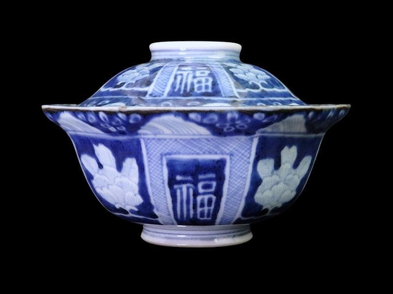 古伊万里　染付　牡丹に福寿の図　八角大振蓋茶碗　N096AS-DBx