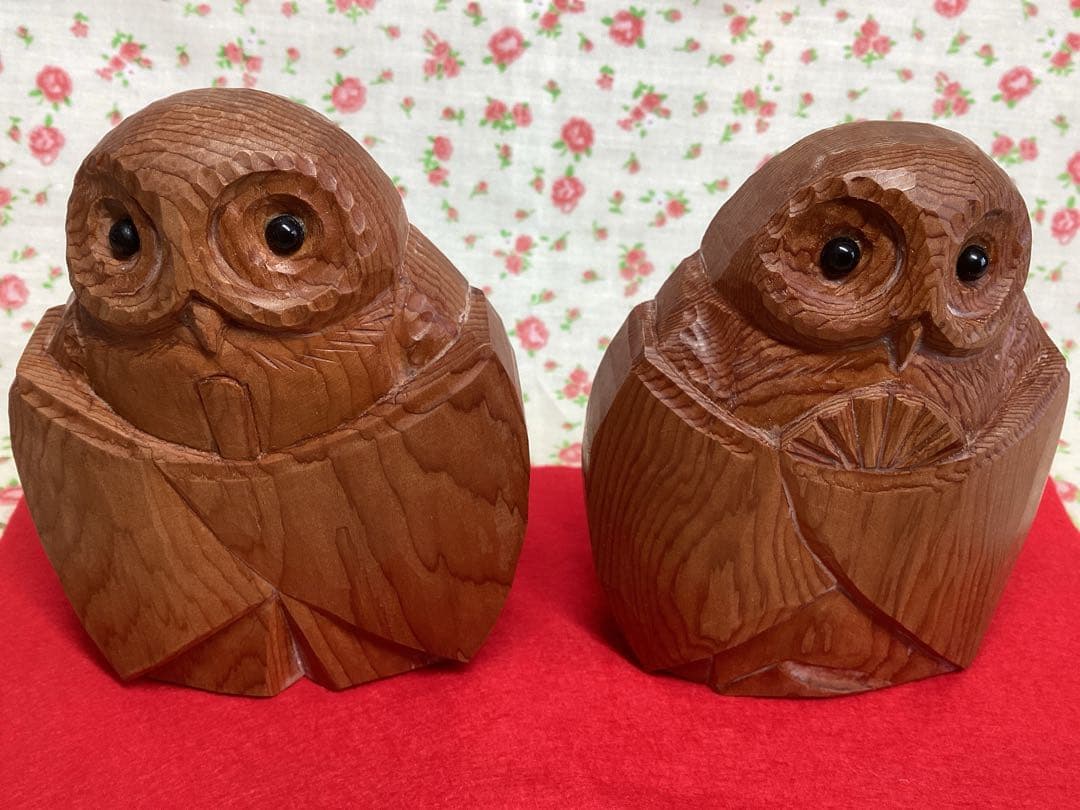 【未使用】フクロウ　木彫り　置物　一刀彫　イチイ　木製　雛人形　ふくろう　日本製